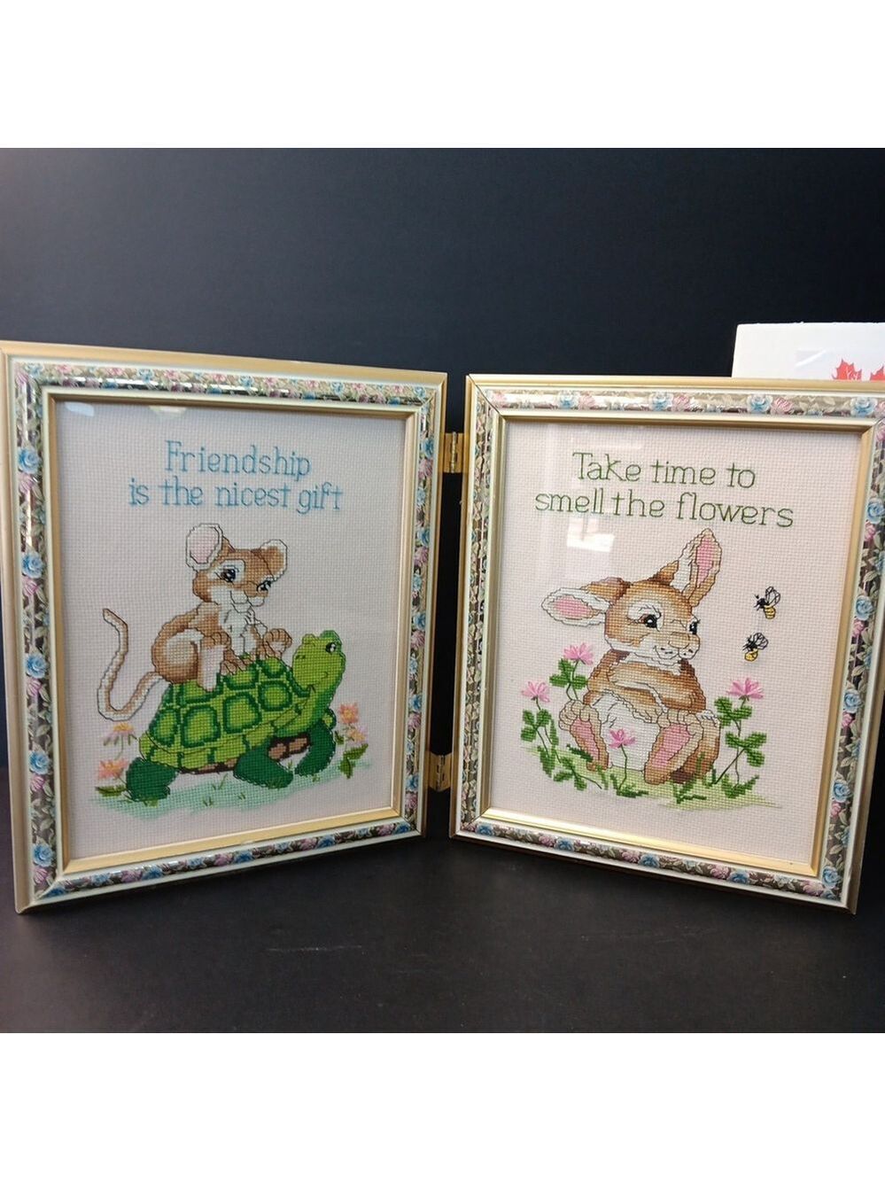 Needlepoint Finished In Frame Desk Decor Gorgeous! Turtle Rabbit Mouse Canada - Picture 2 of 16